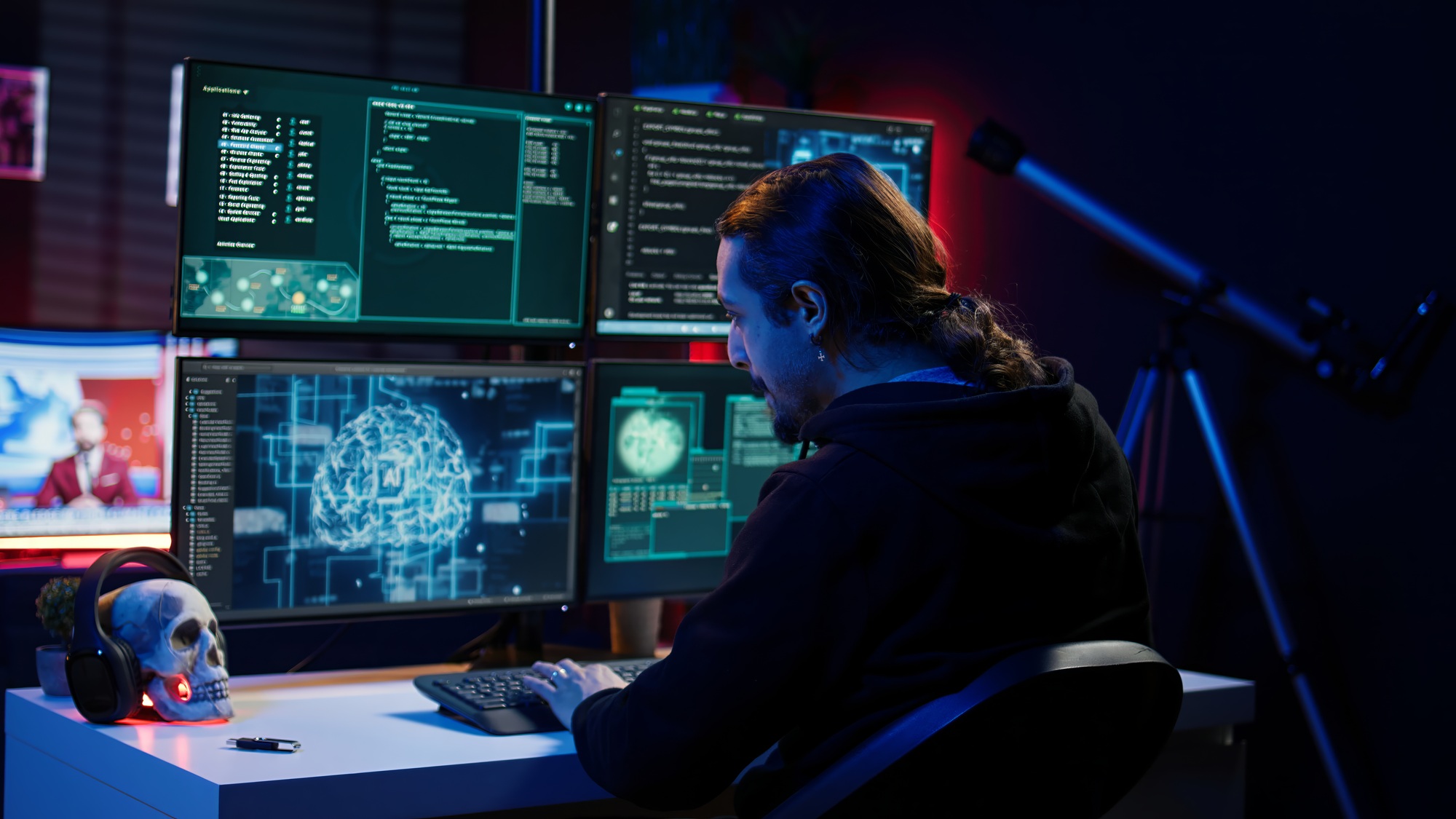 Hacker drinking coffee while running artificial intelligence spyware software