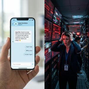 Equipo directivo reaccionando ante una crisis causada por un chatbot de inteligencia artificial que afectó la reputación de una empresa.