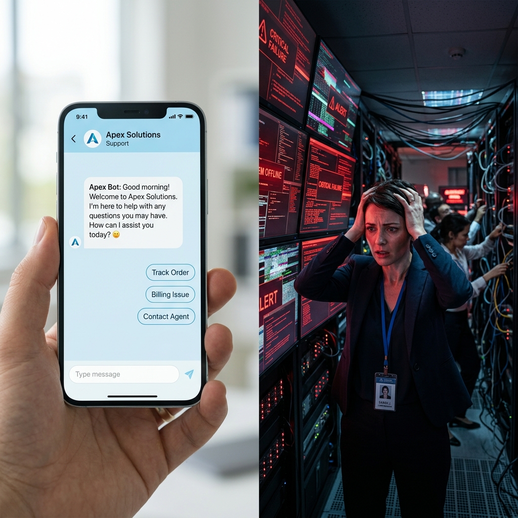 Equipo directivo reaccionando ante una crisis causada por un chatbot de inteligencia artificial que afectó la reputación de una empresa.