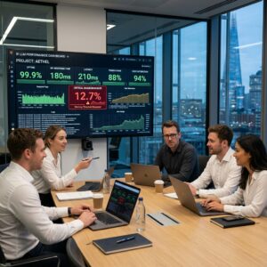 Suivi des indicateurs de performance, de l'observabilité et de la qualité des modèles LLM par l'équipe commerciale dans un environnement d'intelligence artificielle d'entreprise.