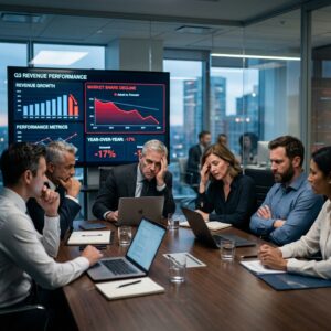 Equipo directivo analizando indicadores de transformación digital, automatización e inteligencia artificial en una sala de reuniones empresarial.