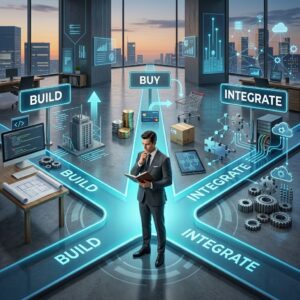 Profesional TI evaluando opciones Build, Buy o Integrate para una empresa