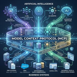 Model Context Protocol (MCP) conectando agentes de Inteligencia Artificial con sistemas empresariales, APIs y fuentes de datos para automatizar procesos.