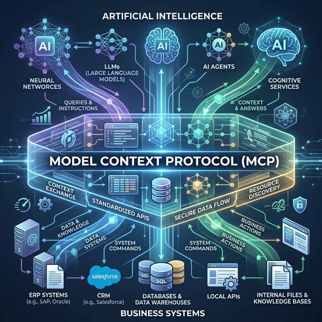 Model Context Protocol (MCP) conectando agentes de Inteligencia Artificial con sistemas empresariales, APIs y fuentes de datos para automatizar procesos.